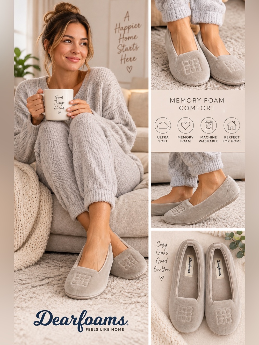 NWT Dearfoams Memory Foam Ballet Slippers Pewter Gray S 5-6